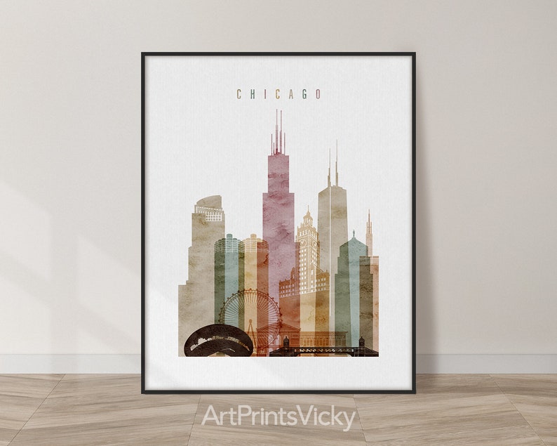 Chicago Contemporary Skyline Poster in Warm Watercolors, Vertical, Framed, Unframed or Canvas | ArtPrintsVicky