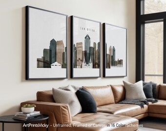San Diego 3 Piece Wall Art Prints, San Diego Skyline Poster Set | ArtPrintsVicky