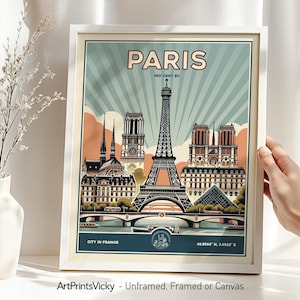 Póster de París / Impresión de arte de pared de la Torre Eiffel / Decoración de viaje retro para el hogar y la oficina / Regalo personalizado / ArtPrintsVicky