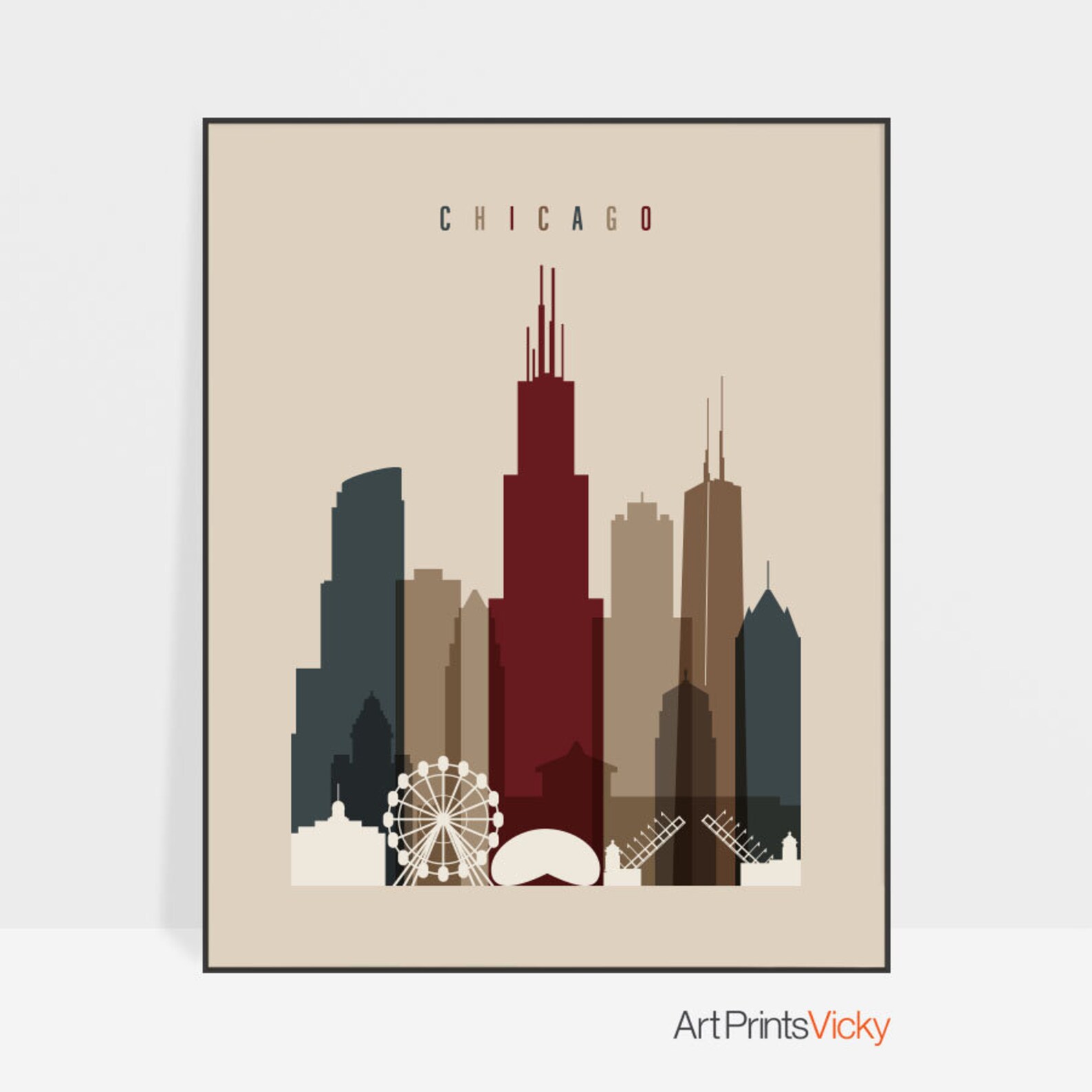 Chicago skyline art Chicago print poster ArtPrintsVicky | Etsy