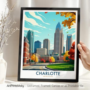Charlotte NC Travel Poster | Charlotte Print Skyline | Modern Cityscape for Home Office Decor or Gift