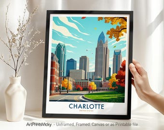 Charlotte NC Travel Poster | Charlotte Print Skyline | Modern Cityscape for Home Office Decor or Gift