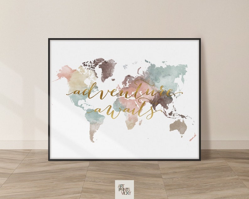 World Map Wall Art World Map Poster Travel Map Canvas Wall Map Print Framed Personalised Map by ArtPrintsVicky image 2