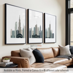 Chicago 3 Piece Wall Art Prints, Chicago Skyline Poster Set | ArtPrintsVicky