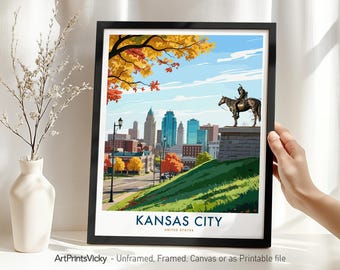 Kansas City Travel Poster - Missouri, Kansas City Skyline Art Print, Scout Statue Wall Art, Housewarming Gift