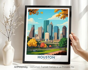 Houston Travel Poster – Texas Houston Skyline Wall Art Print | Modern Cityscape Travel Poster | Framed Urban Decor Gift