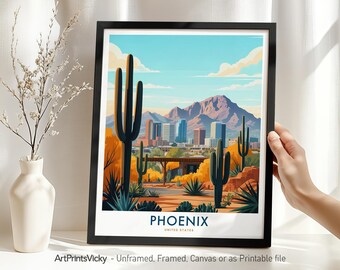 Phoenix Arizona Travel Poster, Art Print | USA Desert Cityscape Wall Art for Home Office Decor | Housewarming Gift