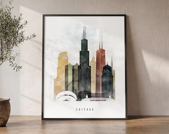 Chicago Wall Art Print, Skyline Poster, Illinois City Travel Art, Personalised Gift, Office Decor