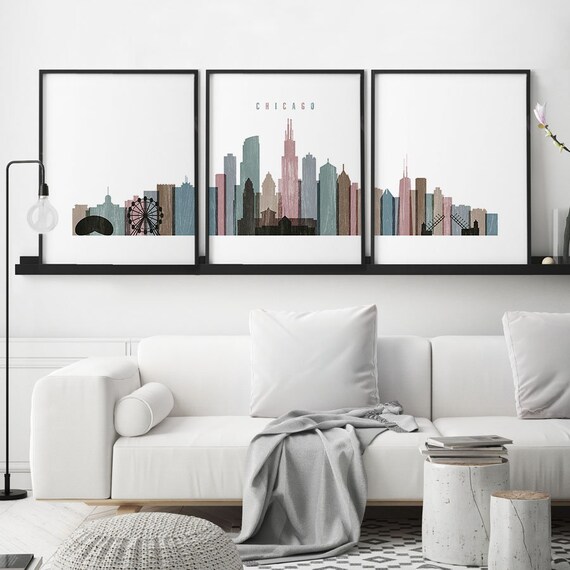 Triptych Of Chicago Skyline 3 Pieces Wall Art 50