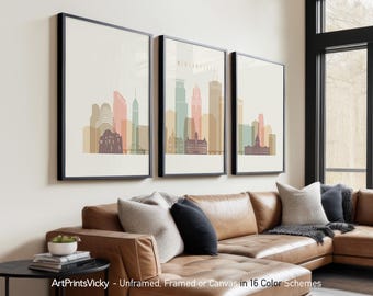 Minneapolis Skyline 3 Piece Wall Art Prints in Minimalist Style and Warm Pastel Tones | ArtPrintsVicky