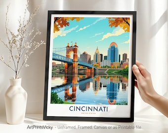 Cincinnati Poster Print – Ohio, Cincinnati Skyline Wall Art, Modern Cityscape Travel Art, Wall Hanging Home Decor, Housewarming Gift
