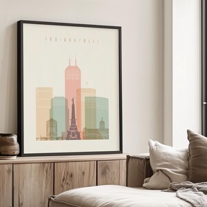 Indianapolis Minimalist Skyline Poster in Warm Pastels, Vertical, Framed, Unframed or Canvas | ArtPrintsVicky