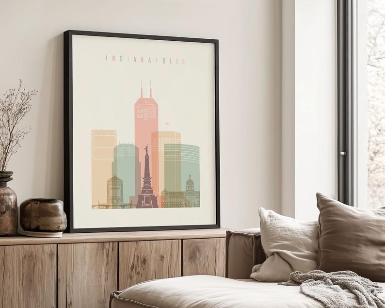 Indianapolis Minimalist Skyline Poster in Warm Pastels, Vertical, Framed, Unframed or Canvas | ArtPrintsVicky