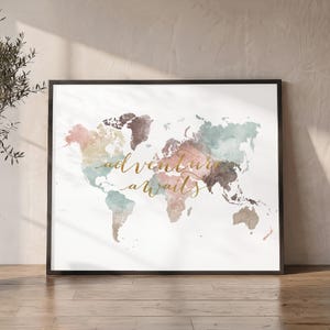 Personalized Watercolor World Map Print, Adventure Awaits Wall Art Poster