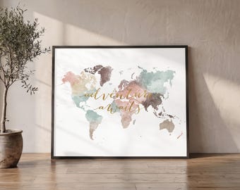 Personalized Watercolor World Map Print, Adventure Awaits Wall Art Poster