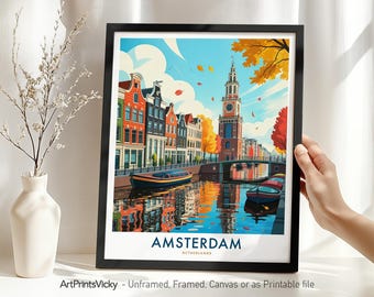 Amsterdam Travel Poster, Amsterdam Print, Netherlands Cityscape Canal Houses Wall Art, Housewarming Gift