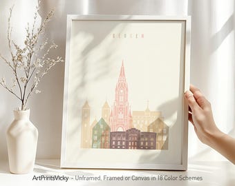 Bergen skyline poster, Bergen print, Norway cityscape, Bergen wall art | ArtPrintsVicky