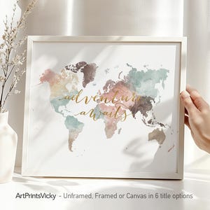 Personalisierte Weltkarte Poster, Wand Kunst Druck, Abenteuer erwartet faux Gold Text, Hochzeitsgästebuch