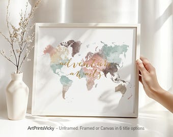 Personalized Map Wall Art Print | World Map Poster | Pastel Map Canvas | Wall Map Adventure Awaits  | ArtPrintsVicky