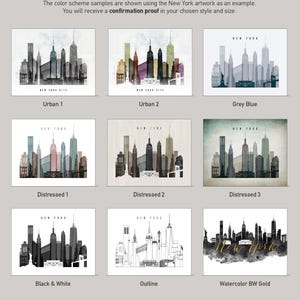 a collection of 18 color schemes, each representing a different style and size of New York City skyline artwork. The color samples are shown using the New York artwork as an example, and the viewer will receive a confirmation proof in their chosen style and size.