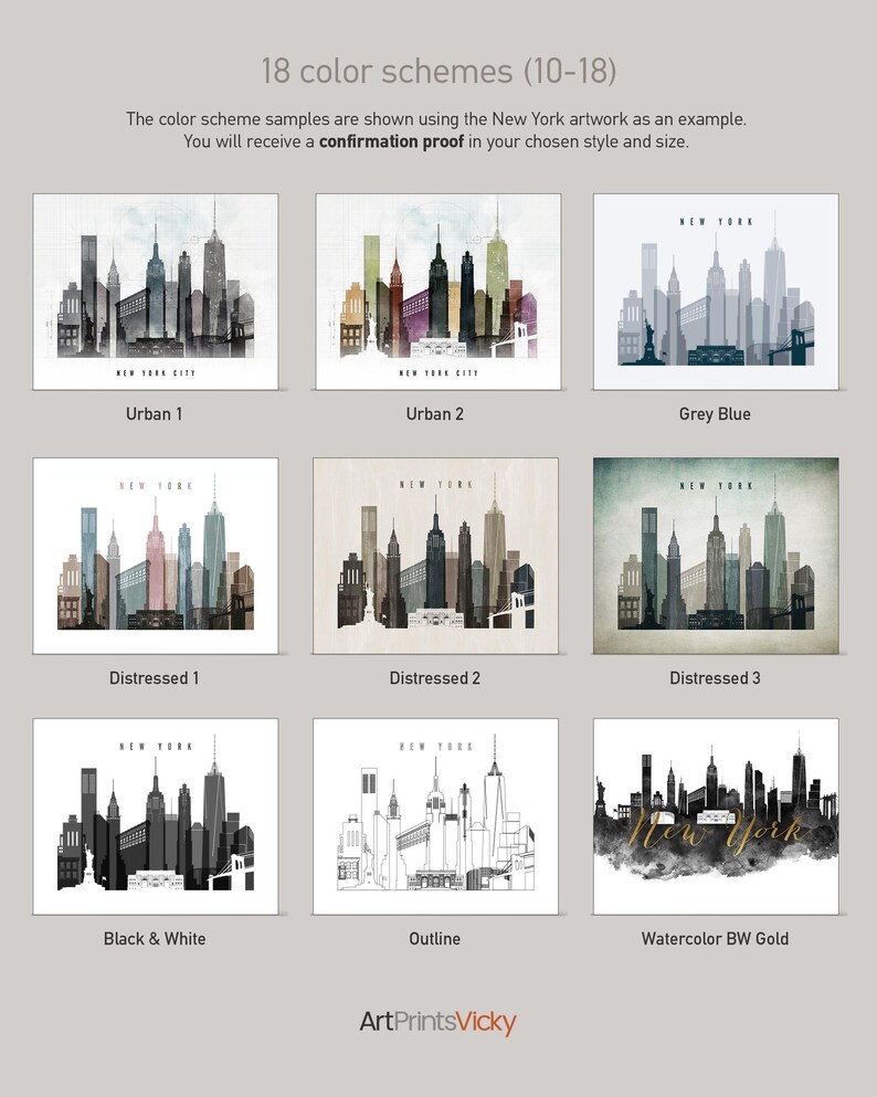 a collection of 18 color schemes, each representing a different style and size of New York City skyline artwork. The color samples are shown using the New York artwork as an example, and the viewer will receive a confirmation proof in their chosen style and size.