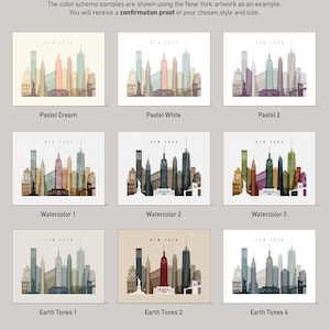 18 color scheme examples, each depicting a different color scheme for a New York skyline. The color schemes include pastel cream, pastel white, pastel 2, watercolor 1, watercolor 2, watercolor 3, earth tones 1, earth tones 2, and earth tones 4.