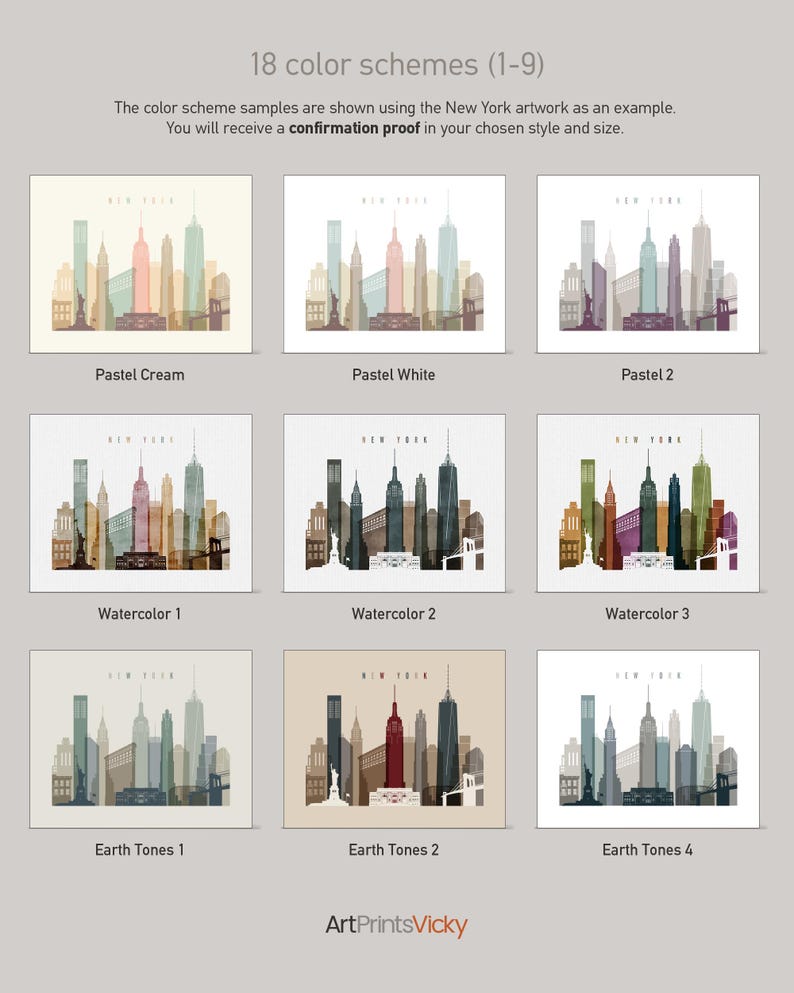 18 color scheme examples, each depicting a different color scheme for a New York skyline. The color schemes include pastel cream, pastel white, pastel 2, watercolor 1, watercolor 2, watercolor 3, earth tones 1, earth tones 2, and earth tones 4.