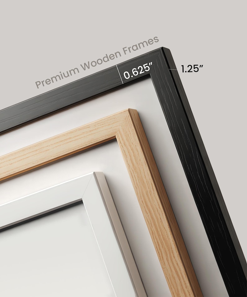 three different wooden frames, each with varying colors and sizes, arranged side by side.
