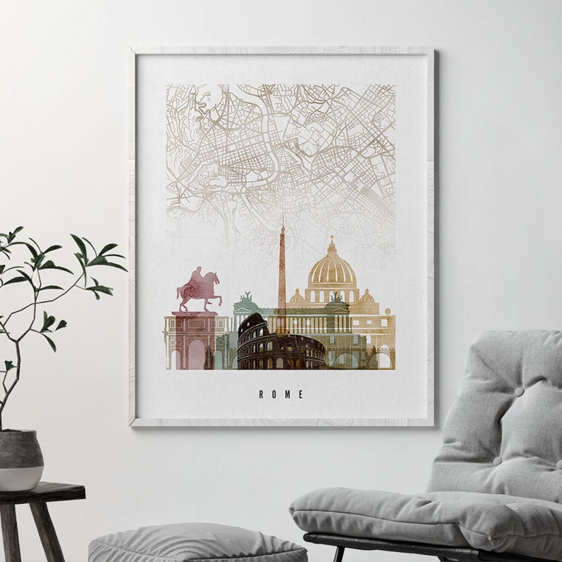 Rome map print Rome city map poster Rome watercolor skyline image 1