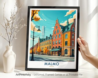 Malmö Travel Print Wall Art - Sweden, Malmö Poster, Scandinavian Cityscape Retro Art Home Office Decor, Unique Gift