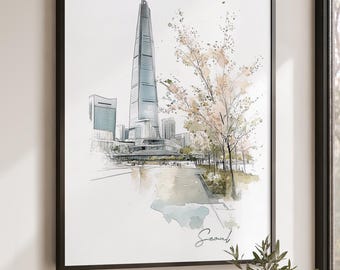 Seoul Wall Art Print, Watercolor Poster, Travel Decor