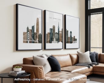 San Francisco 3 Piece Wall Art Prints, San Francisco Skyline Poster Set | ArtPrintsVicky