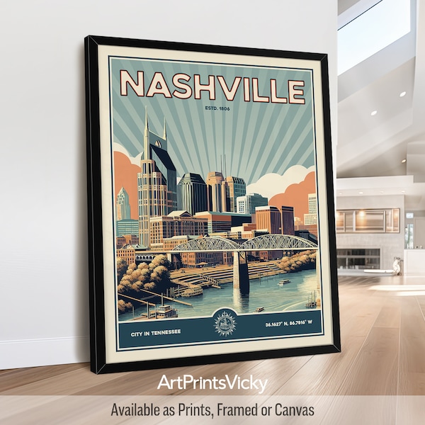 Nashville Poster | Print in Retro Style | Tennessee Wall Art | Personalised Gift