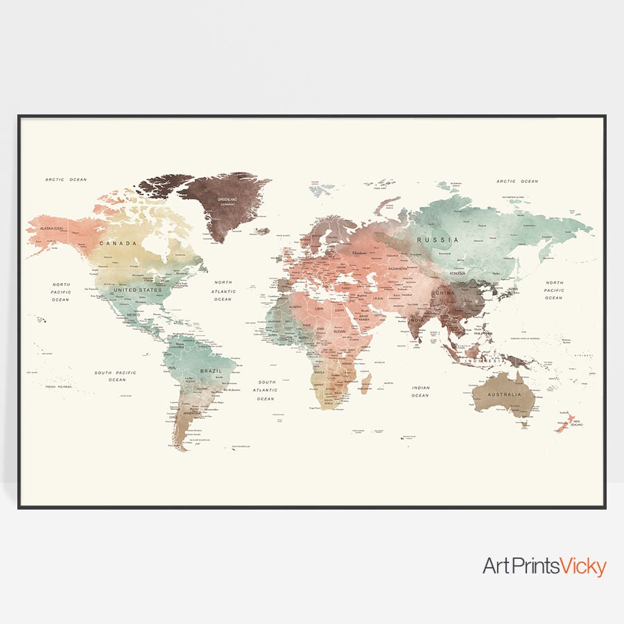 Map Of The World Poster World Map Print, World Map Poster Detailed, Map Print, World Map Large, Map  Wall Art, Map Of The World, Artprintsvicky