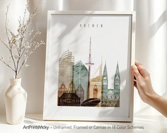 Bremen Skyline Poster in Warm Watercolors | ArtPrintsVicky