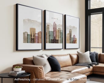 Denver 3 Piece Wall Art Prints, Denver Skyline Poster Set | ArtPrintsVicky
