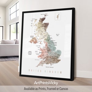 United Kingdom Wall Map Poster | Detailed UK Map Print | British Framed Map | England Map Canvas | Map of England | ArtPrintsVicky