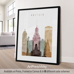 Buffalo NY Contemporary Skyline Poster in Warm Watercolors, Vertical, Framed, Unframed or Canvas | ArtPrintsVicky