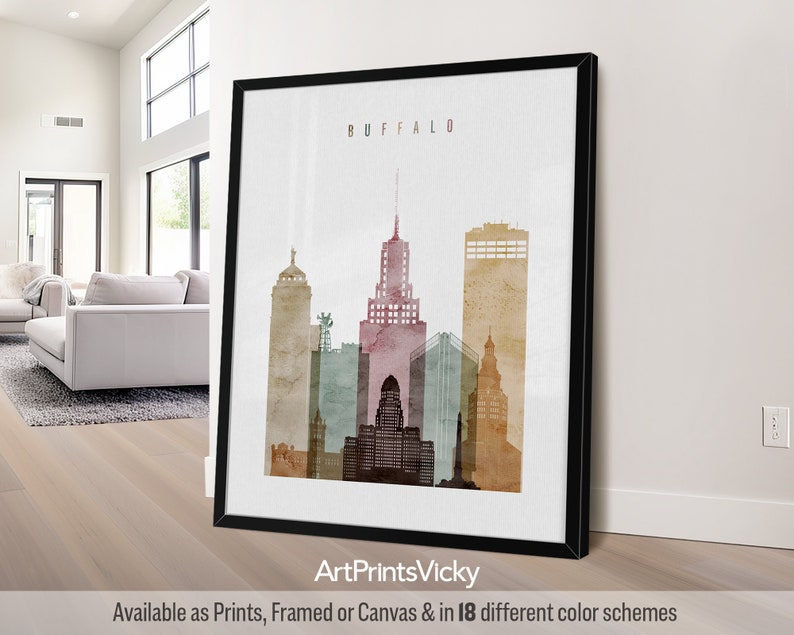 Buffalo NY Contemporary Skyline Poster in Warm Watercolors, Vertical, Framed, Unframed or Canvas | ArtPrintsVicky