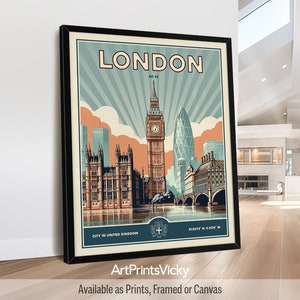 London Poster Print Travel Wall Art in Retro Style, Skyline Artwork, Decor for Home and Office, Personalised Gift | ArtPrintsVicky