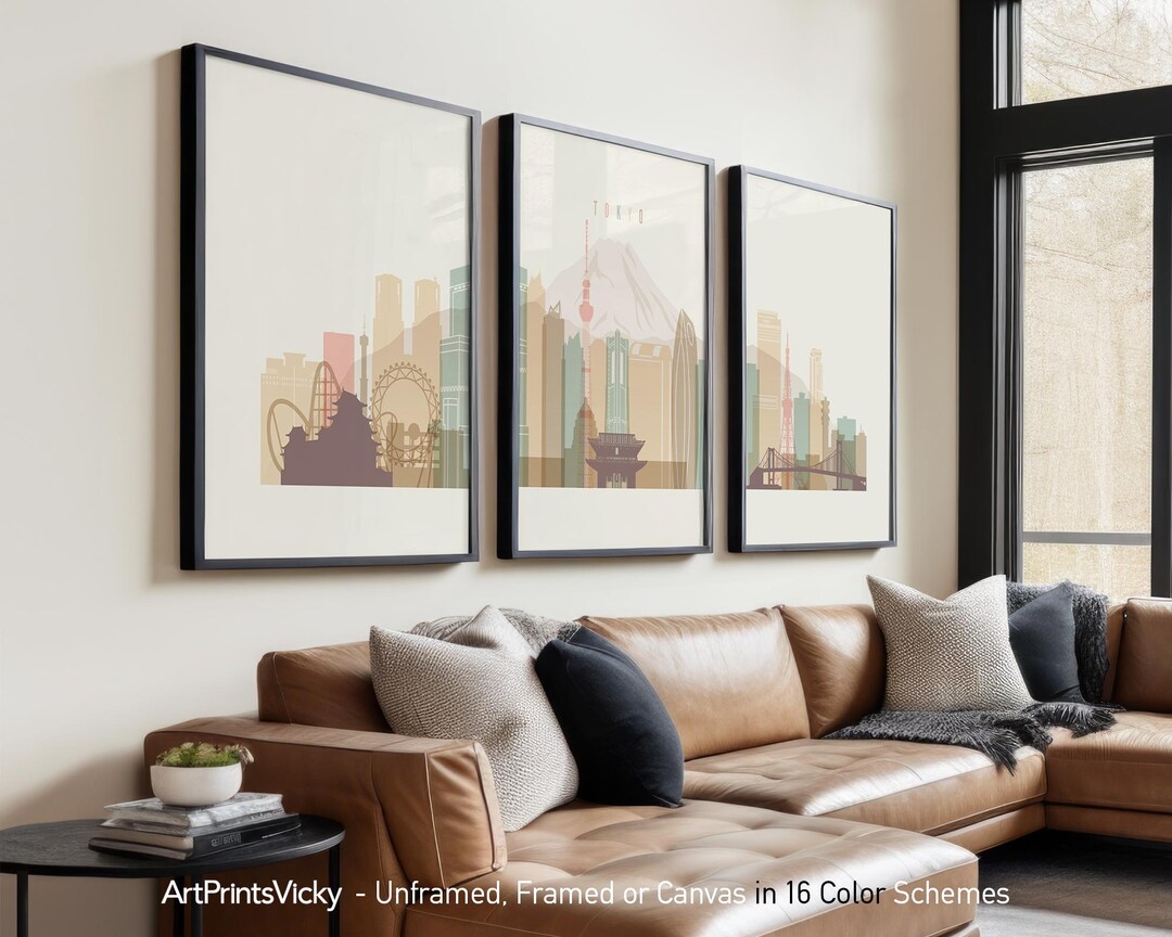 Tokyo 3 Piece Wall Art Prints, Japan Skyline Poster Set, Triptych