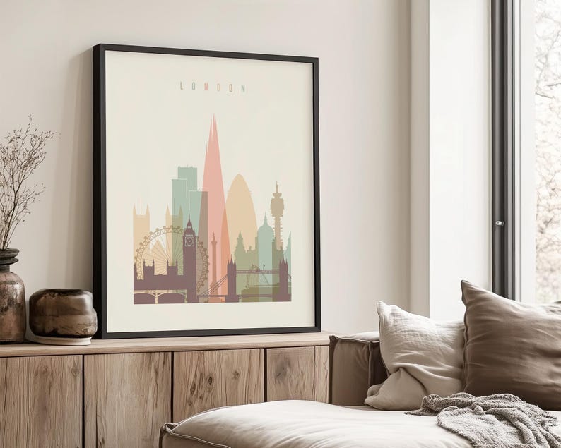 London Modern City Print in Warm Pastels, Vertical, Framed, Unframed or Canvas | ArtPrintsVicky