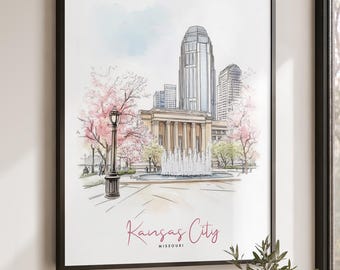 Kansas City Art Print, Skyline Watercolor Poster, Missouri Decor, Travel Gifts