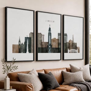 Lincoln 3 Piece Wall Art Prints, Nebraska Skyline Poster Set, Triptych Decor
