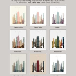 a collection of 18 color schemes, each featuring a different style and color palette of New York City skyline art. The color schemes include pastel cream, pastel white, pastel 2, watercolor 1, watercolor 2, watercolor 3, earth tones 1, earth tones 2, and earth tones 4.