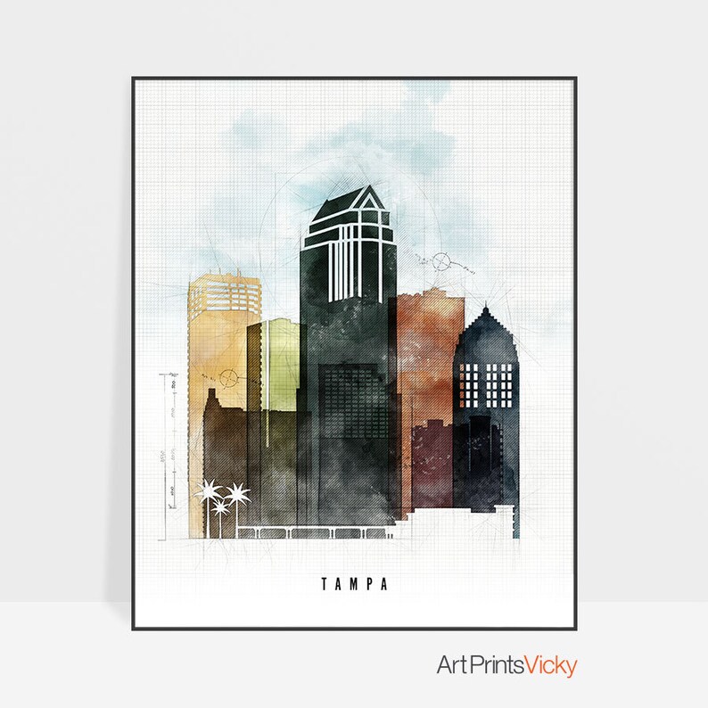 Tampa Skyline Print Tampa Art Poster Tampa Watercolor Wall Etsy