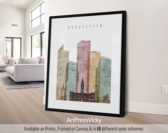 Manchester print, poster wall art, Manchester England skyline, travel gifts | ArtPrintsVicky