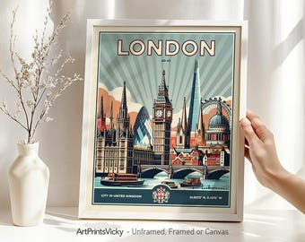 London Skyline Print | Travel Poster in Retro Style | Big Ben Wall Art Decor for Home or Office | Personalized Gifts | ArtPrintsVicky
