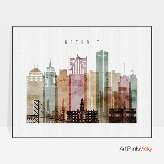 Detroit Art Print Watercolor Poster Wall Skyline Cities Michigan Travel Decor Home Artprintsvicky