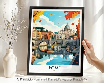 Rome Travel Poster - Italy, Rome Wall Art Print, European City Decor, Wall Hanging Cityscape Home Decor, Housewarming Gift